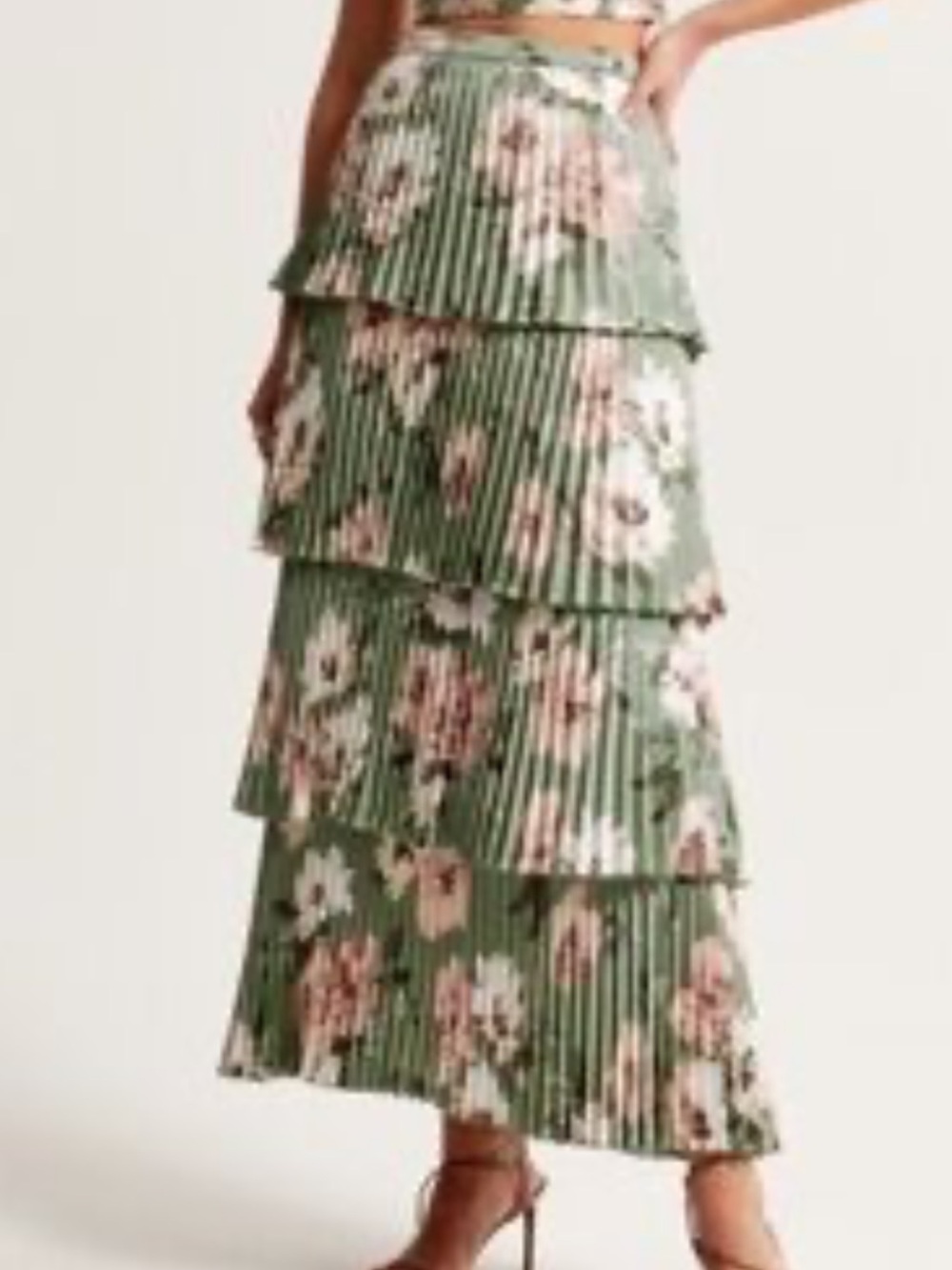 Abercrombie & Fitch Green Floral Tiered Pleated Maxi Skirt Size M Romantic